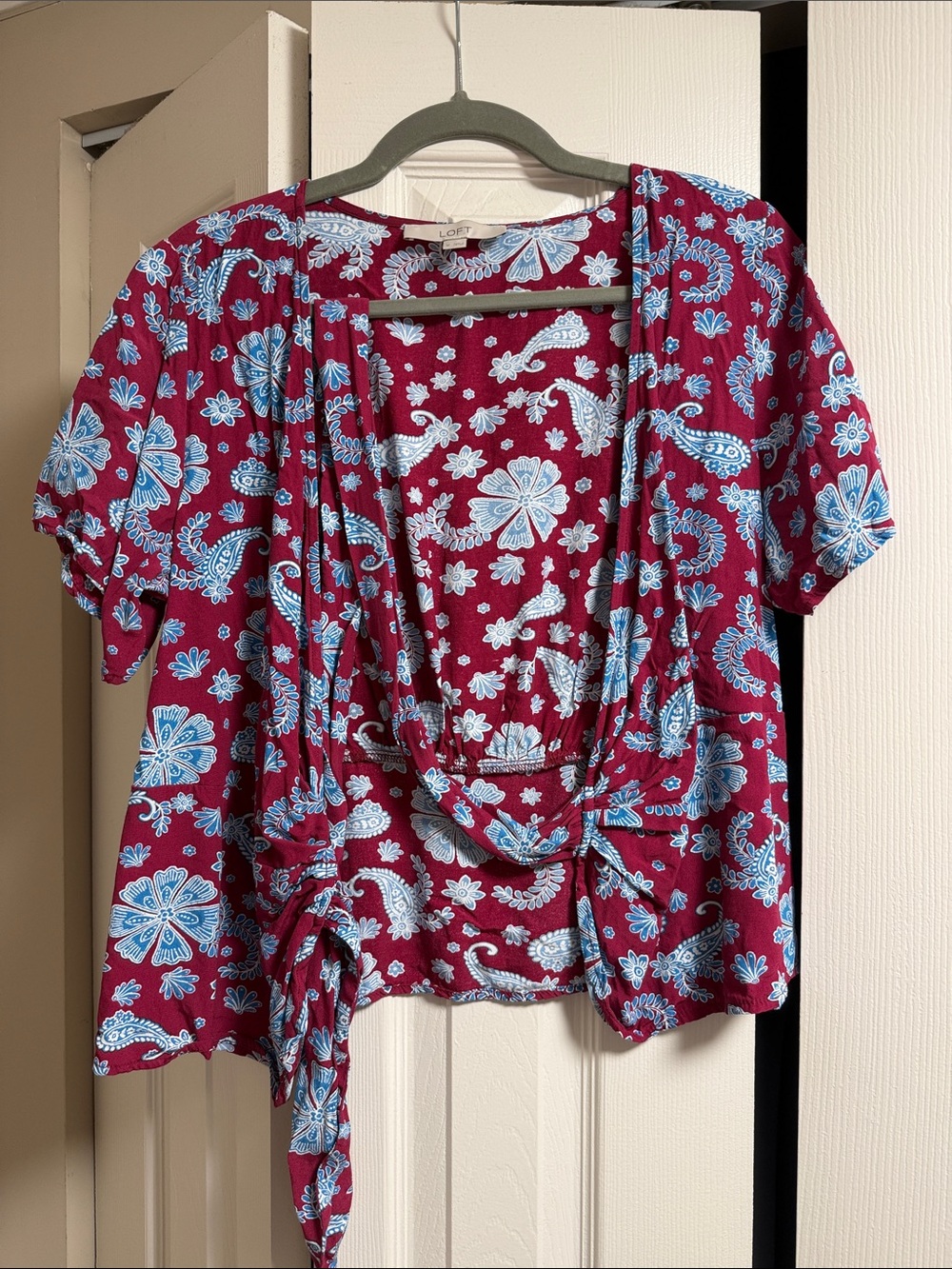 LOFT Berry Red Tie-Front Floral Paisley Top